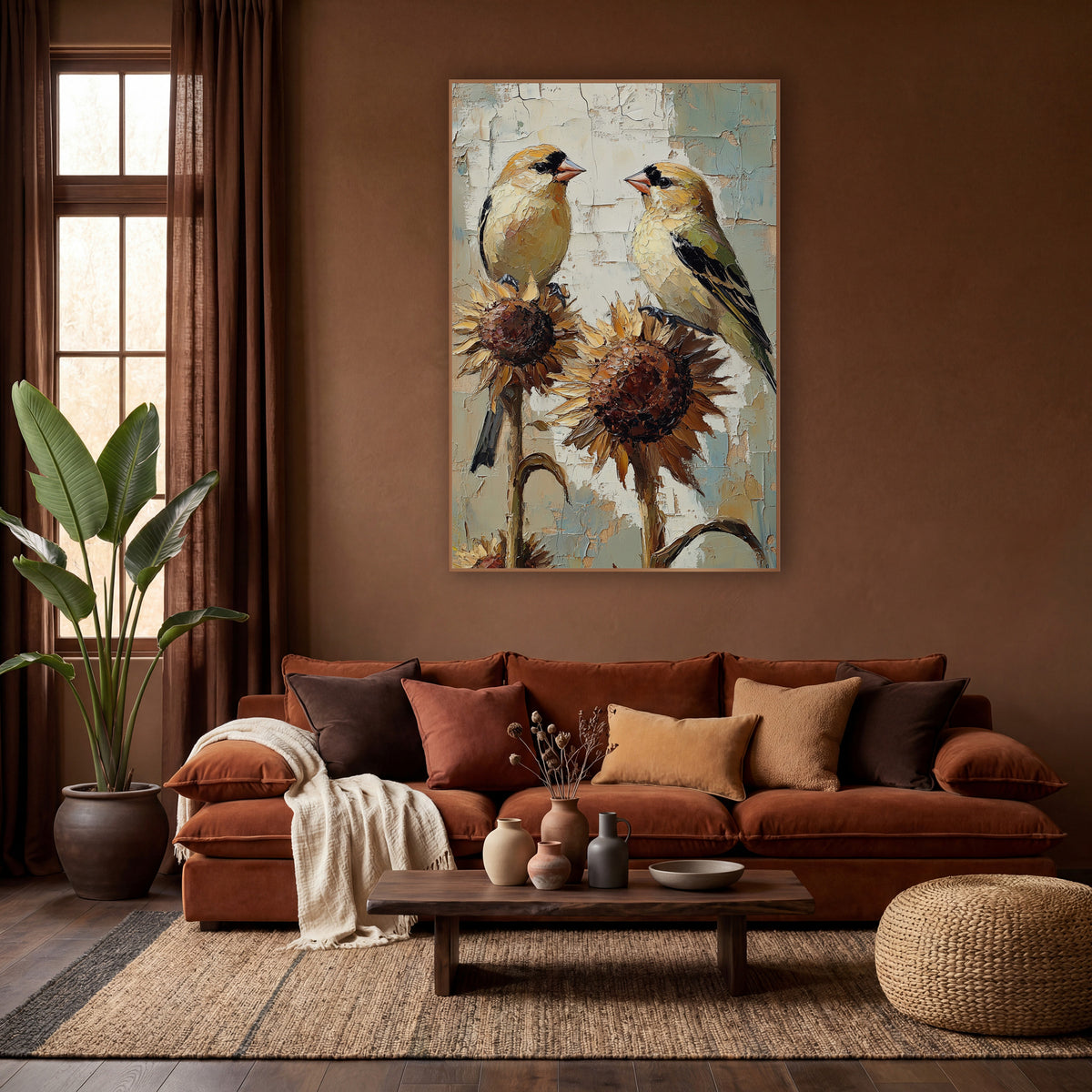 Goldfinch Pair on Sunflowers Boho wall art in a warm boho-style room – two yellow goldfinches face each other on dried