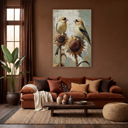 Goldfinch Pair on Sunflowers Boho wall art in a warm boho-style room – two yellow goldfinches face each other on dried