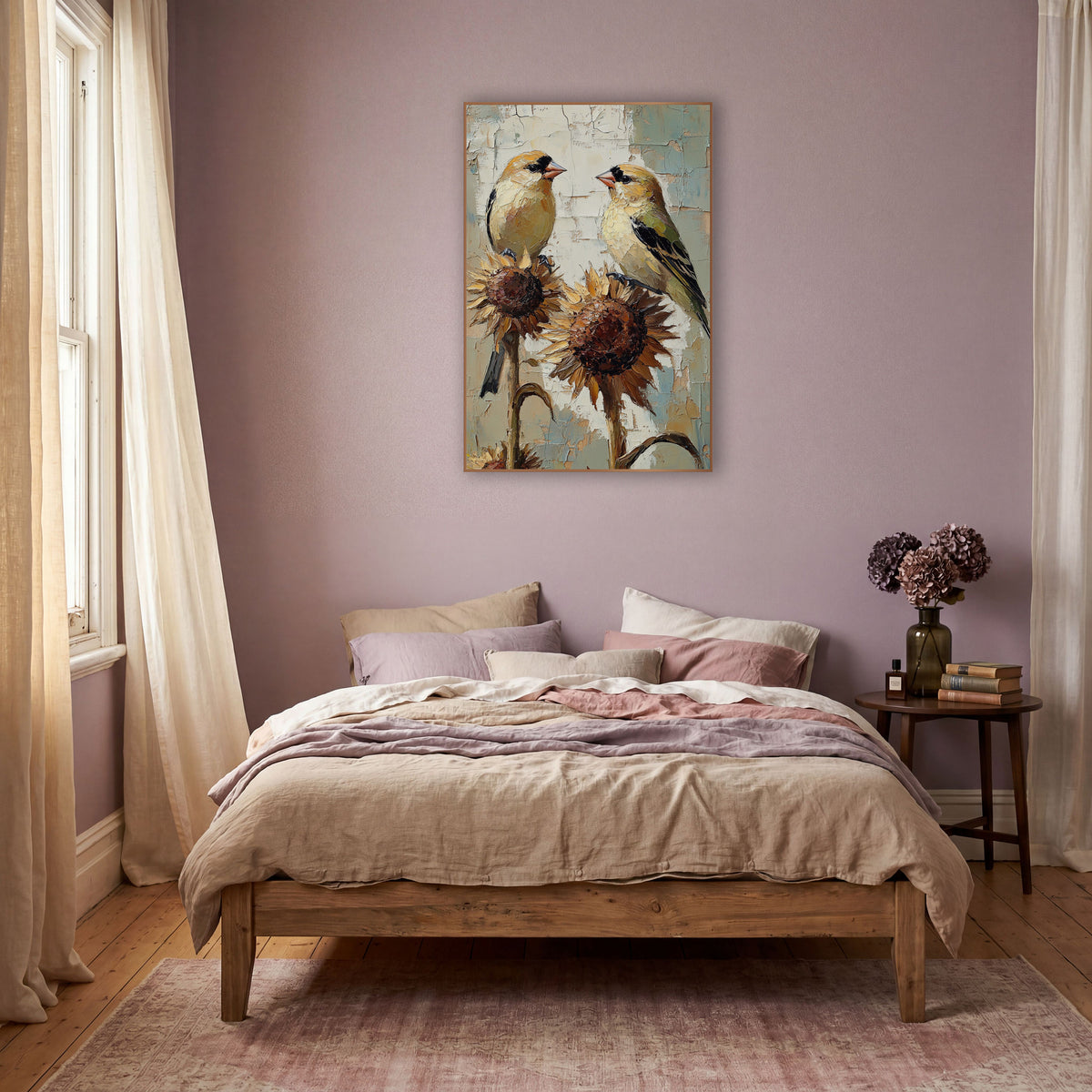 Goldfinch Pair on Sunflowers Boho wall art in a warm boho-style room – two yellow goldfinches face each other on dried