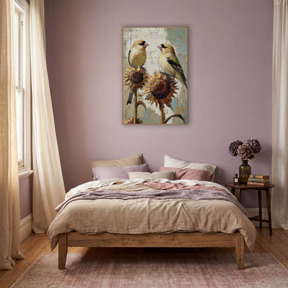 Goldfinch Pair on Sunflowers Boho wall art in a warm boho-style room – two yellow goldfinches face each other on dried