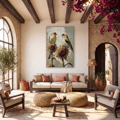 Goldfinch Pair on Sunflowers Boho wall art in a warm boho-style room – two yellow goldfinches face each other on dried