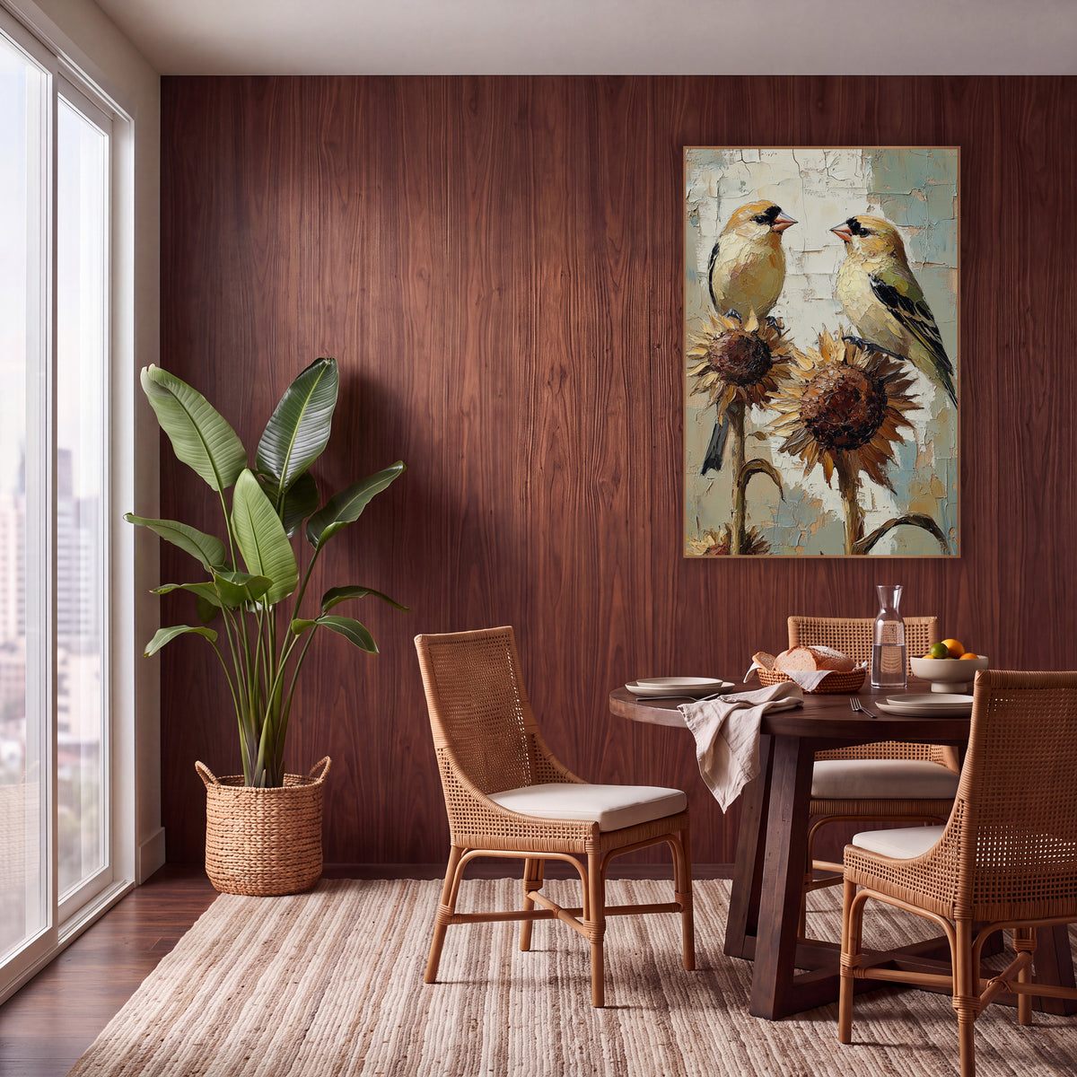 Goldfinch Pair on Sunflowers Boho wall art in a warm boho-style room – two yellow goldfinches face each other on dried