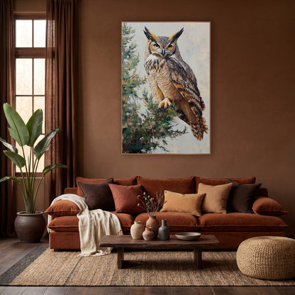 Horned Owl Evergreen Bough Painterly wall art in a warm boho-style room – horned owl with golden eyes perched