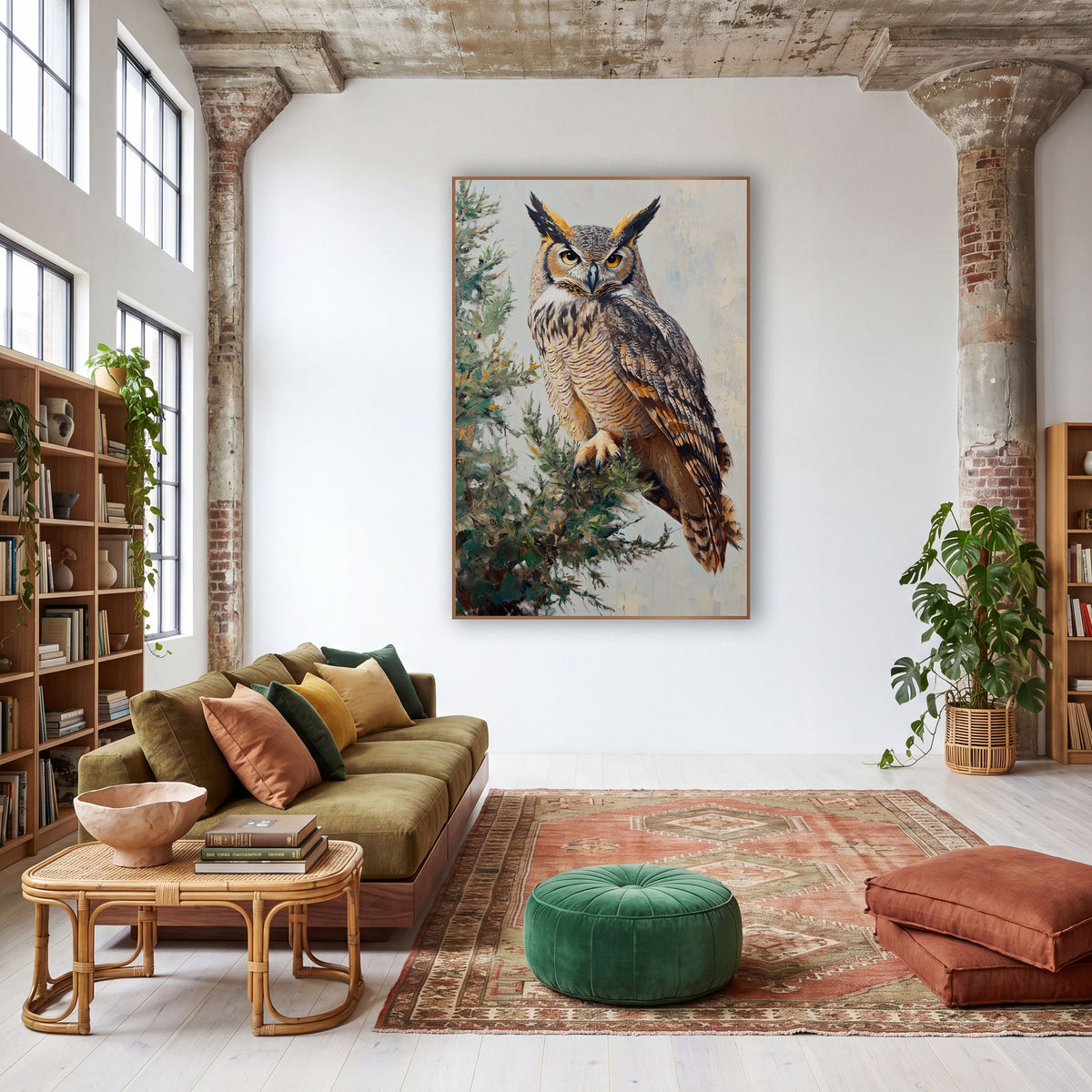 Horned Owl Evergreen Bough Painterly wall art in a warm boho-style room – horned owl with golden eyes perched