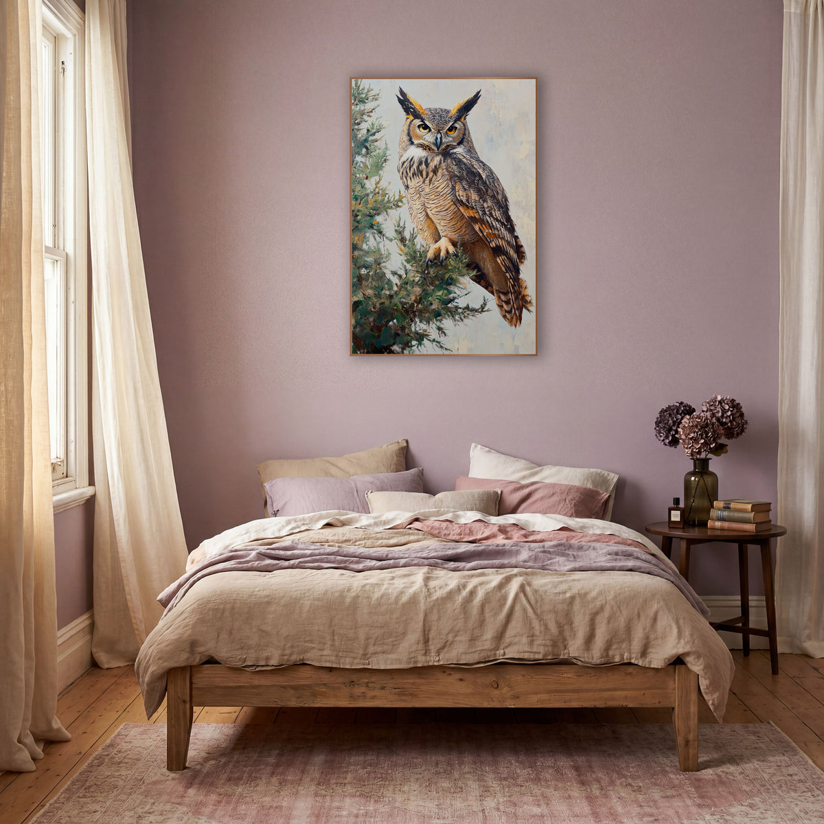 Horned Owl Evergreen Bough Painterly wall art in a warm boho-style room – horned owl with golden eyes perched