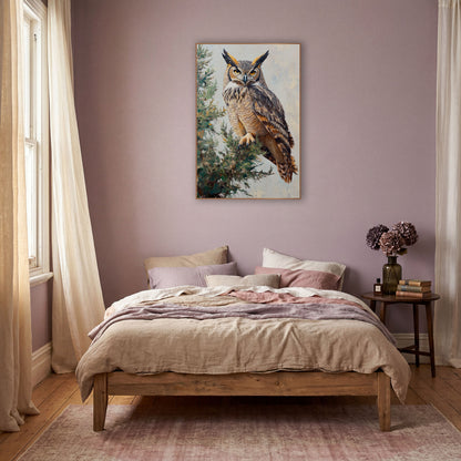 Horned Owl Evergreen Bough Painterly wall art in a warm boho-style room – horned owl with golden eyes perched