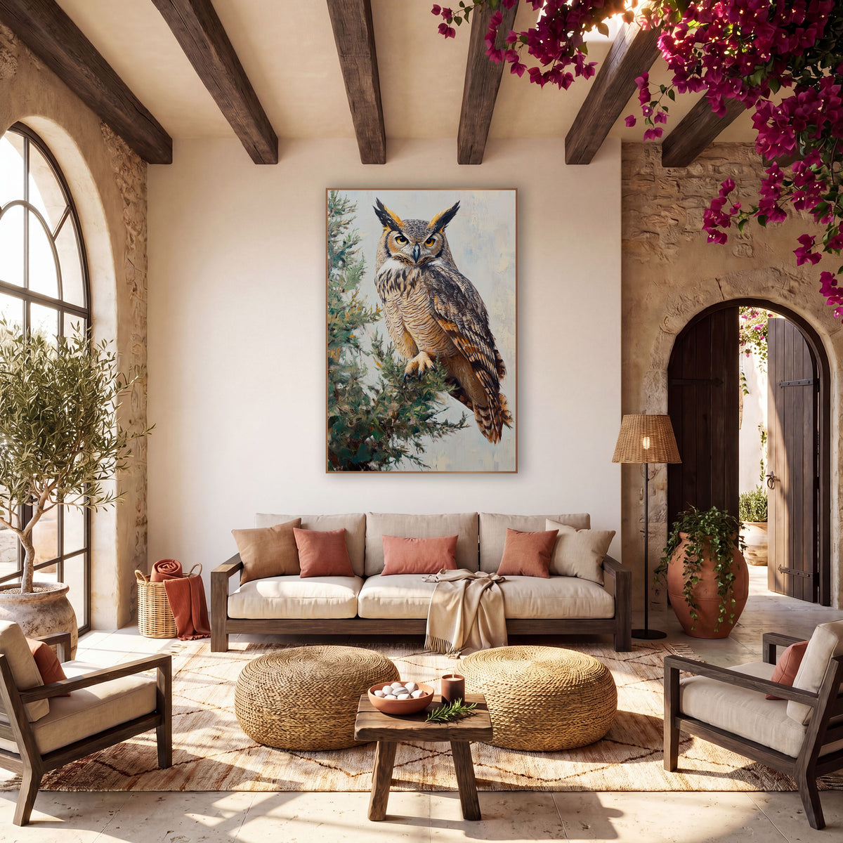 Horned Owl Evergreen Bough Painterly wall art in a warm boho-style room – horned owl with golden eyes perched