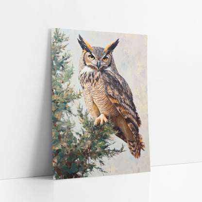Horned Owl Evergreen Bough Painterly art print leaning against a white wall – horned owl with golden eyes perched on a sage
