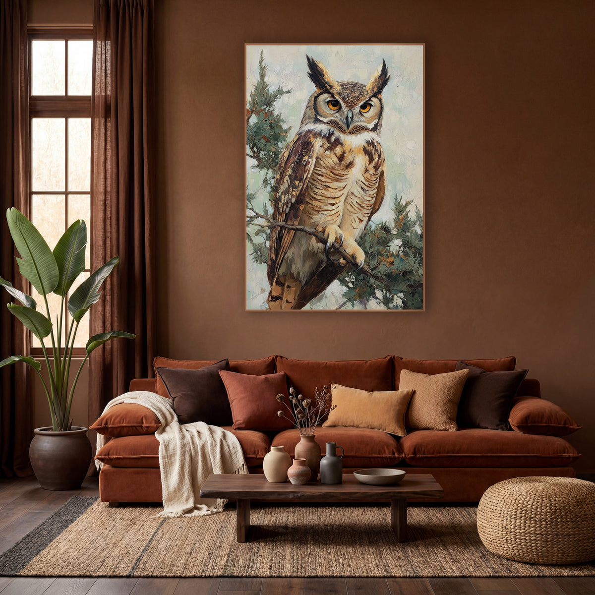 Boho Great Horned Owl Sage Branch wall art in a warm boho-style room – great horned owl with amber eyes perched