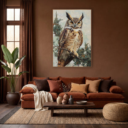 Boho Great Horned Owl Sage Branch wall art in a warm boho-style room – great horned owl with amber eyes perched