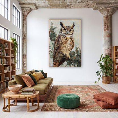 Boho Great Horned Owl Sage Branch wall art in a warm boho-style room – great horned owl with amber eyes perched