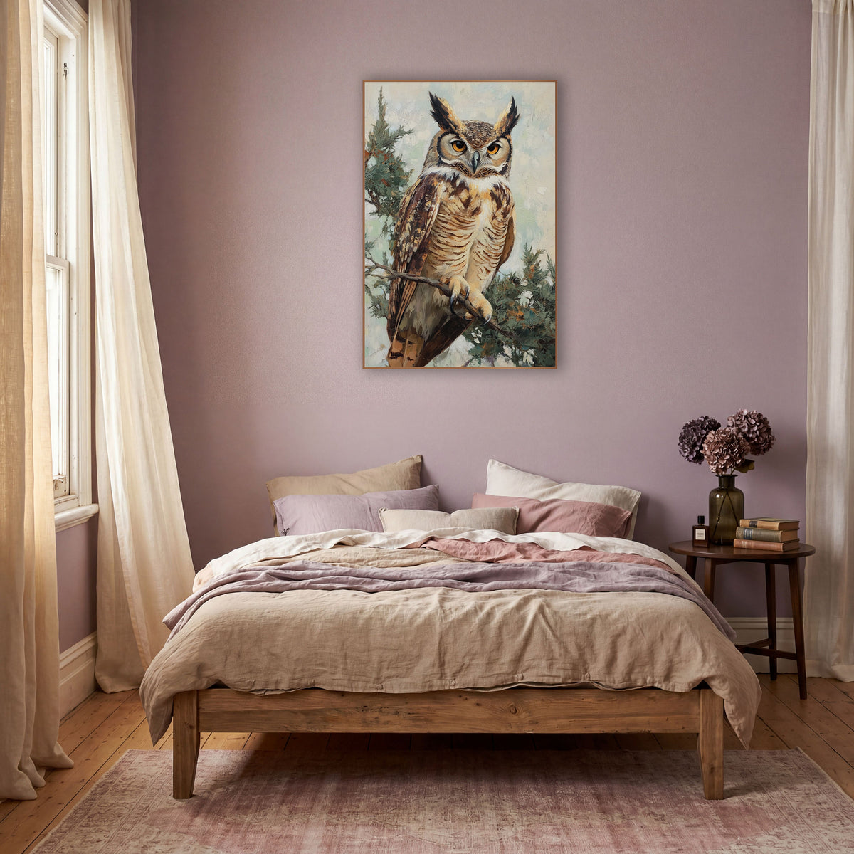 Boho Great Horned Owl Sage Branch wall art in a warm boho-style room – great horned owl with amber eyes perched