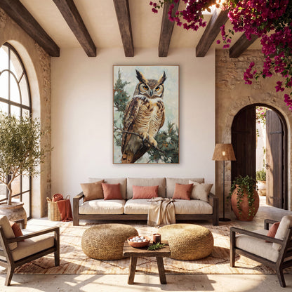 Boho Great Horned Owl Sage Branch wall art in a warm boho-style room – great horned owl with amber eyes perched