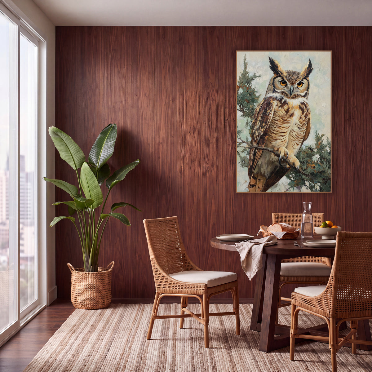Boho Great Horned Owl Sage Branch wall art in a warm boho-style room – great horned owl with amber eyes perched