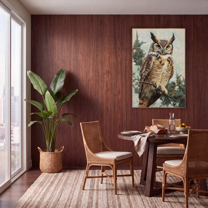 Boho Great Horned Owl Sage Branch wall art in a warm boho-style room – great horned owl with amber eyes perched