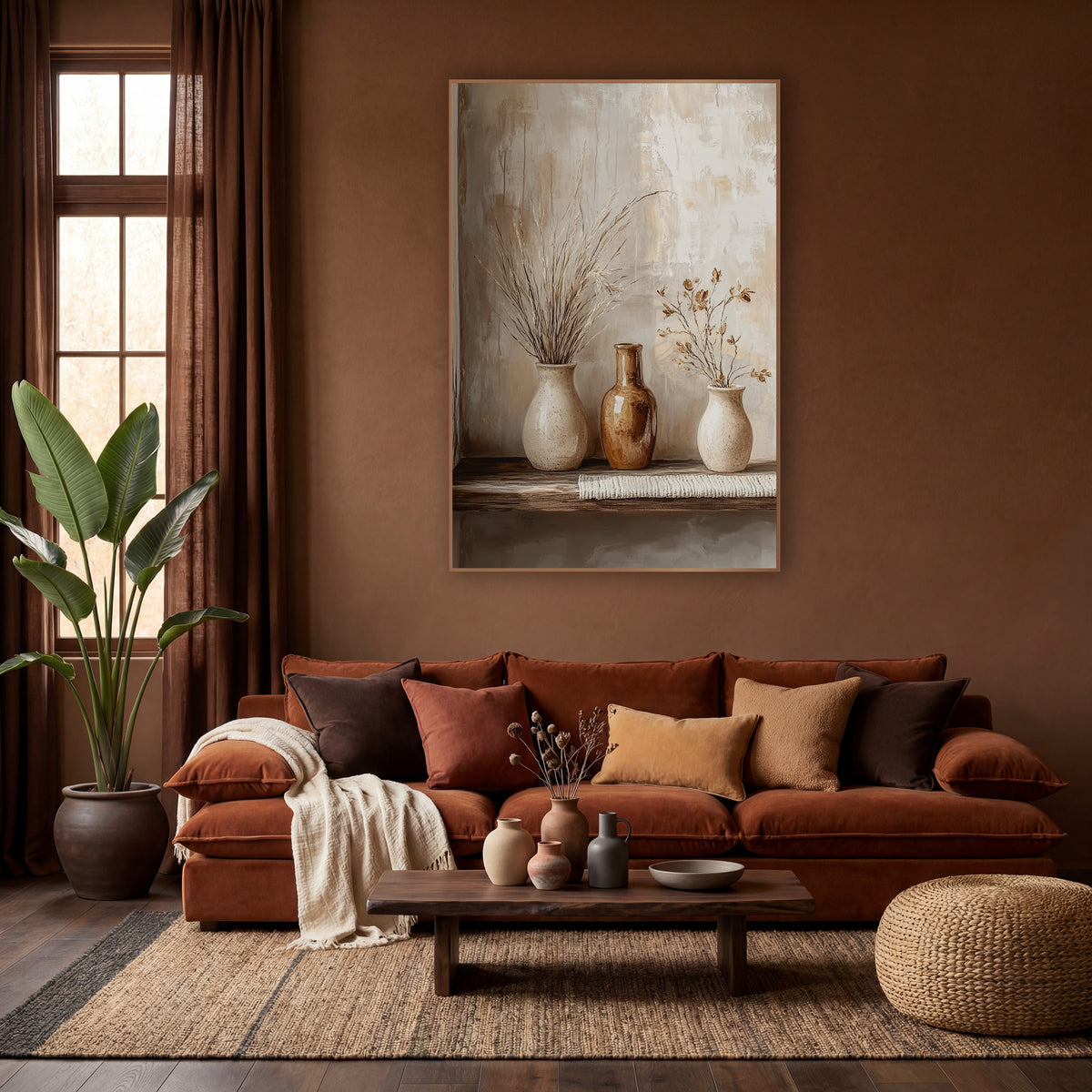 Neutral Ceramic Vase Trio Boho wall art in a warm boho-style room – three cream and amber ceramic vases with dried