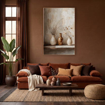 Neutral Ceramic Vase Trio Boho wall art in a warm boho-style room – three cream and amber ceramic vases with dried