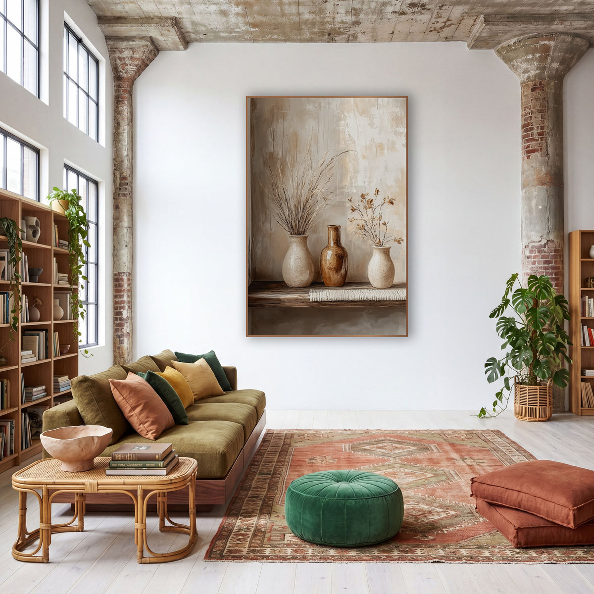 Neutral Ceramic Vase Trio Boho wall art in a warm boho-style room – three cream and amber ceramic vases with dried