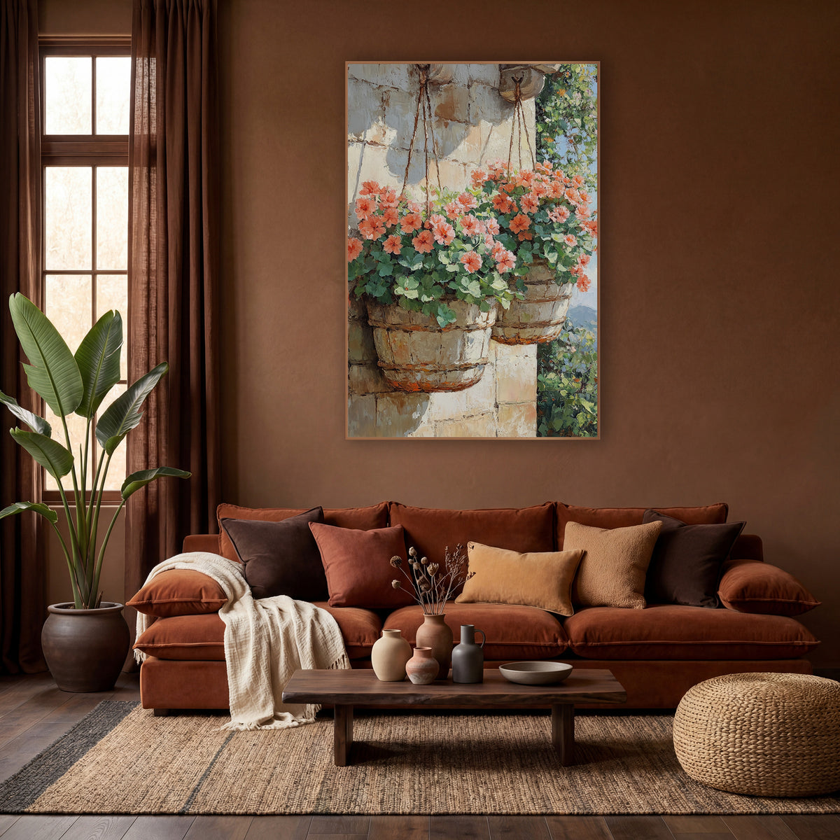 Twin Coral Geranium Barrel Baskets Painterly wall art in a warm boho-style room – two hanging baskets of coral-pink