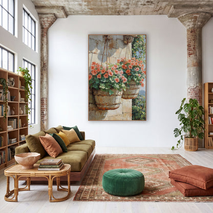 Twin Coral Geranium Barrel Baskets Painterly wall art in a warm boho-style room – two hanging baskets of coral-pink