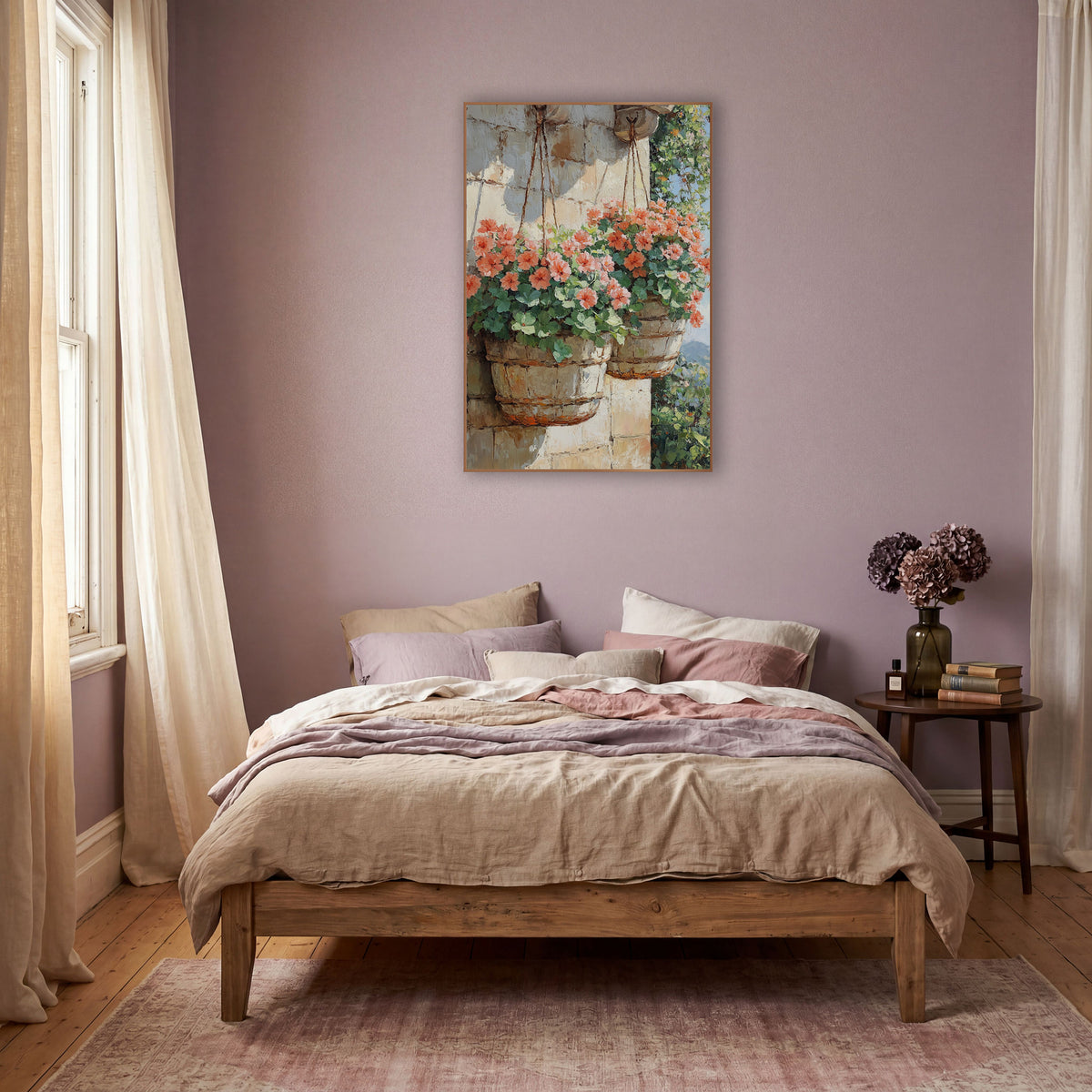 Twin Coral Geranium Barrel Baskets Painterly wall art in a warm boho-style room – two hanging baskets of coral-pink