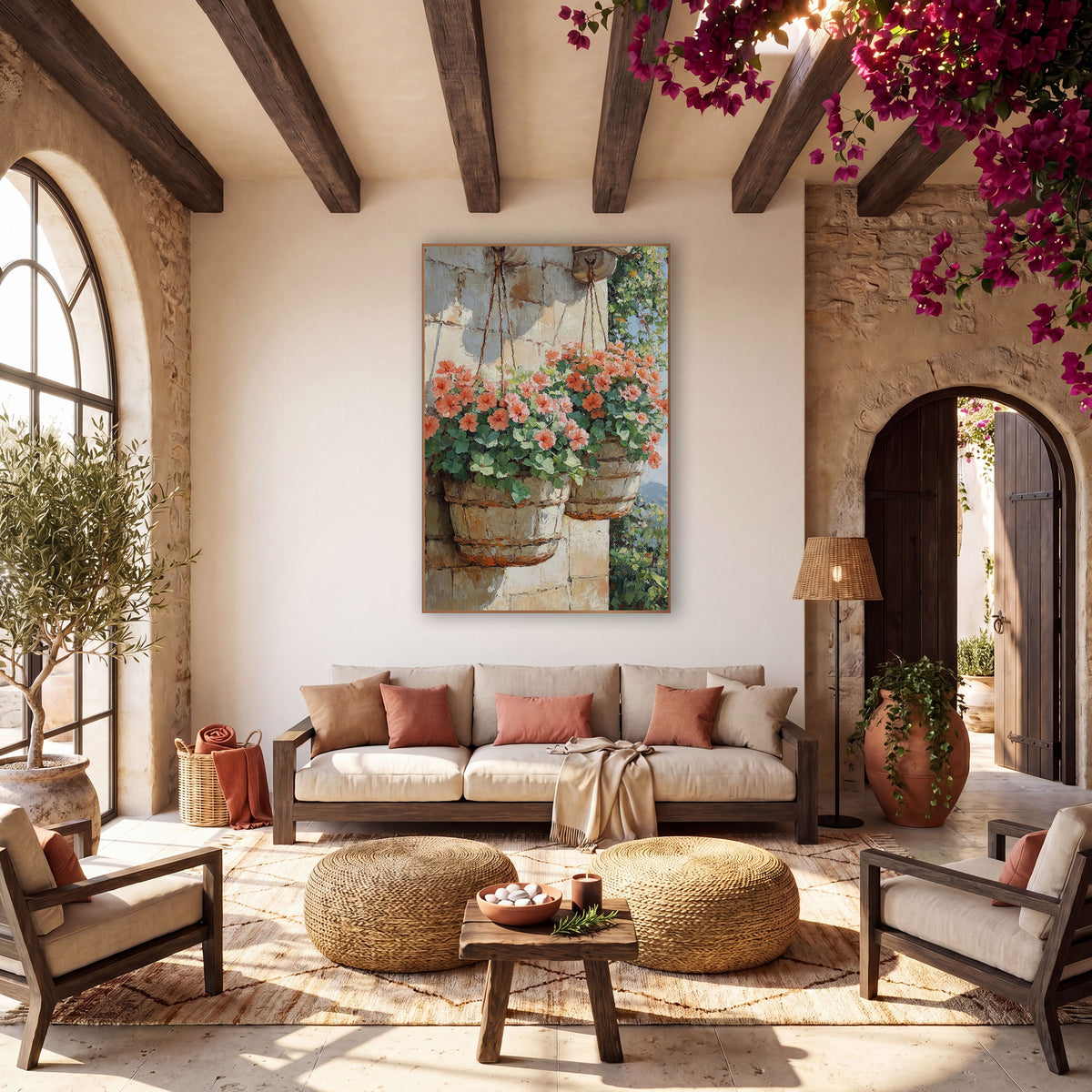 Twin Coral Geranium Barrel Baskets Painterly wall art in a warm boho-style room – two hanging baskets of coral-pink