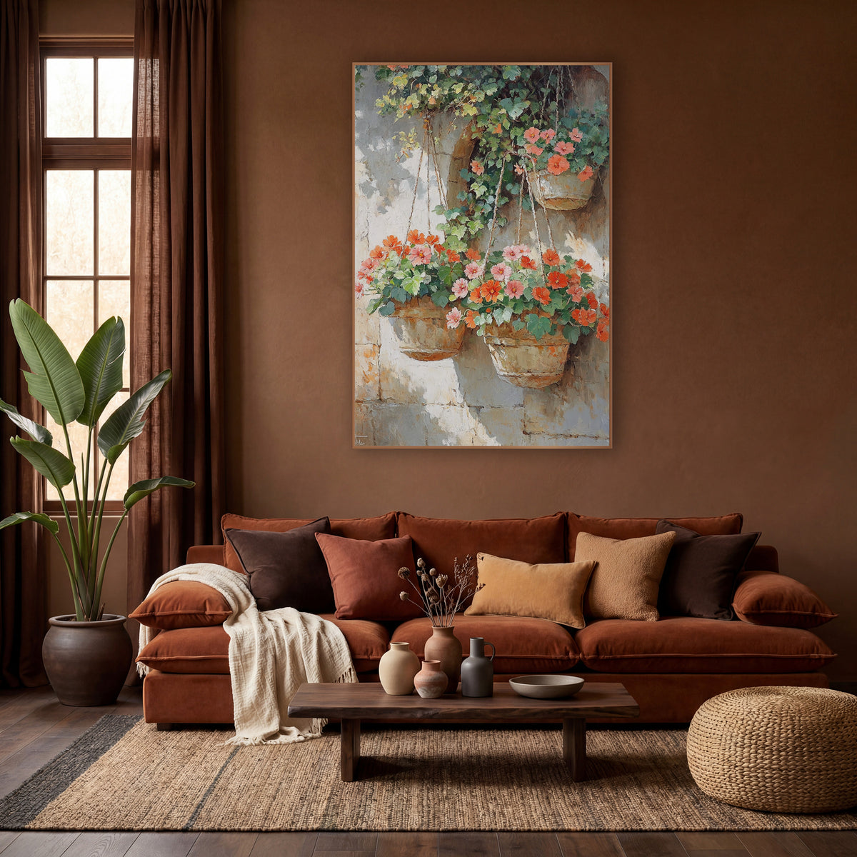Three Hanging Geranium Baskets Sunlit Impressionist wall art in a warm boho-style room – hanging baskets of coral