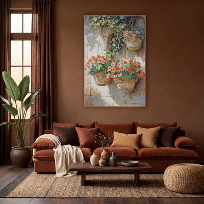 Three Hanging Geranium Baskets Sunlit Impressionist wall art in a warm boho-style room – hanging baskets of coral