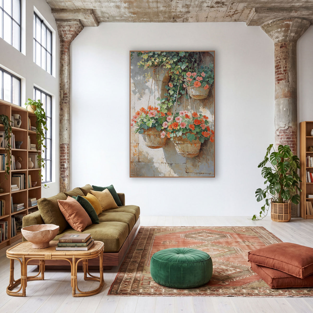 Three Hanging Geranium Baskets Sunlit Impressionist wall art in a warm boho-style room – hanging baskets of coral