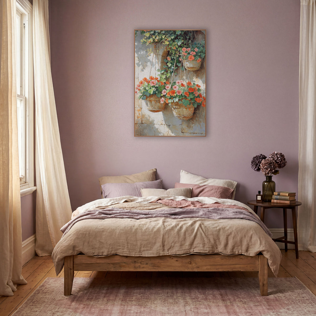 Three Hanging Geranium Baskets Sunlit Impressionist wall art in a warm boho-style room – hanging baskets of coral