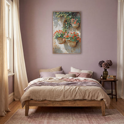 Three Hanging Geranium Baskets Sunlit Impressionist wall art in a warm boho-style room – hanging baskets of coral