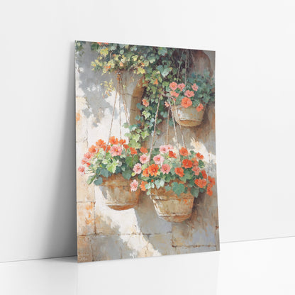 Three Hanging Geranium Baskets Sunlit Impressionist art print leaning against a white wall – hanging baskets of coral