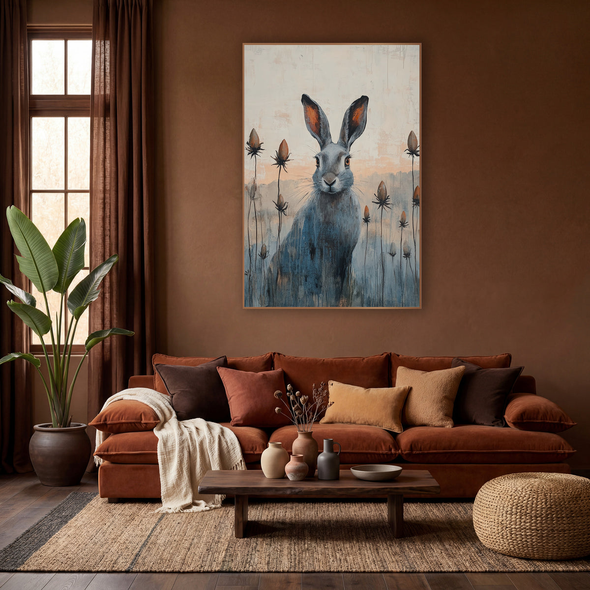 Gray Hare Seed Pod Meadow wall art in a warm boho-style room – gray hare with rust-orange ears sitting among tall