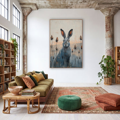 Gray Hare Seed Pod Meadow wall art in a warm boho-style room – gray hare with rust-orange ears sitting among tall