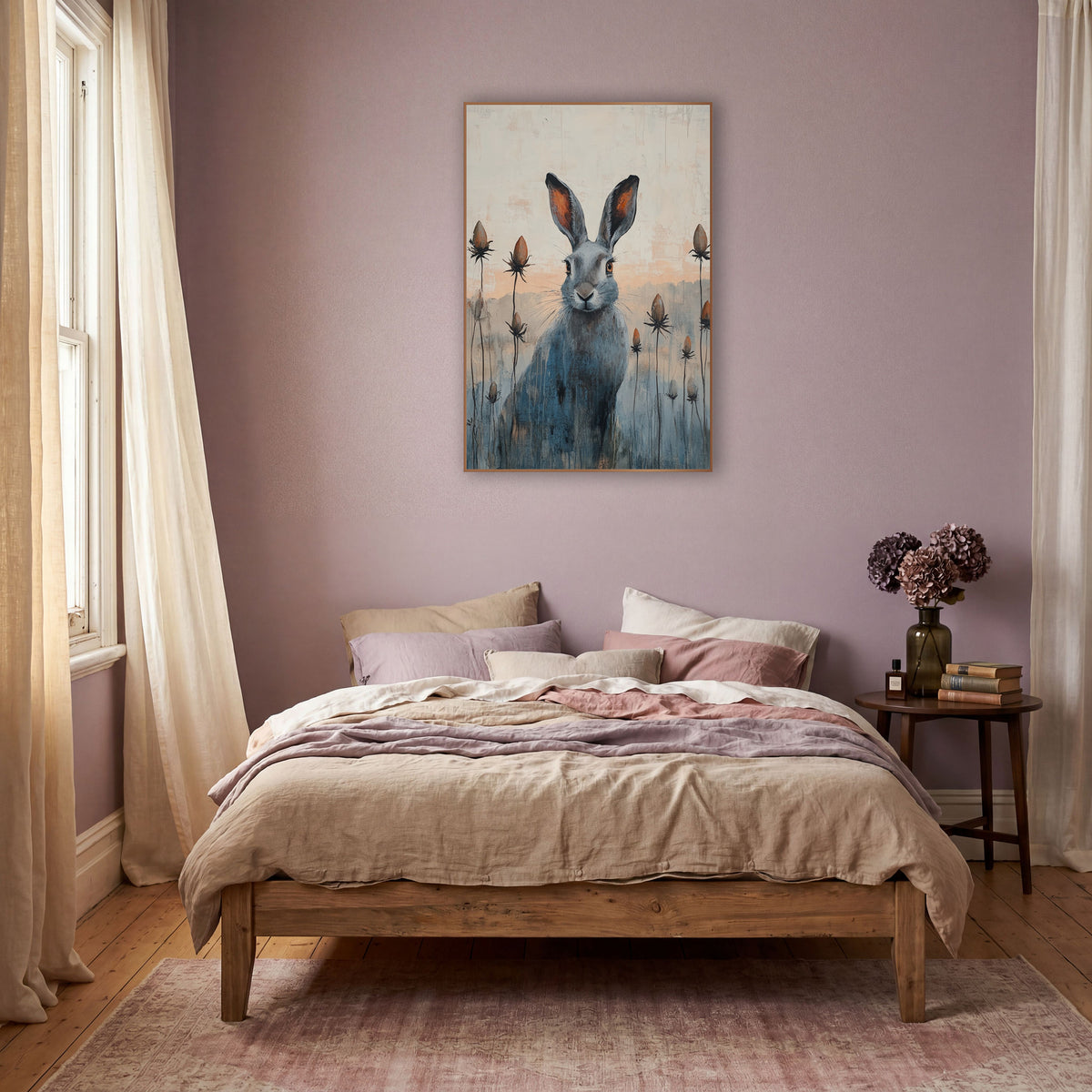 Gray Hare Seed Pod Meadow wall art in a warm boho-style room – gray hare with rust-orange ears sitting among tall