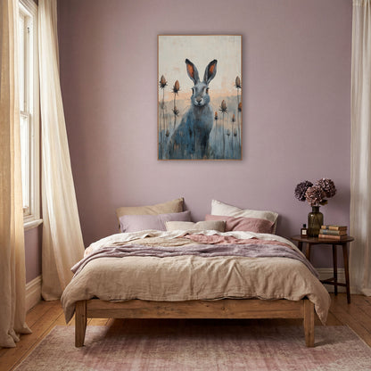 Gray Hare Seed Pod Meadow wall art in a warm boho-style room – gray hare with rust-orange ears sitting among tall