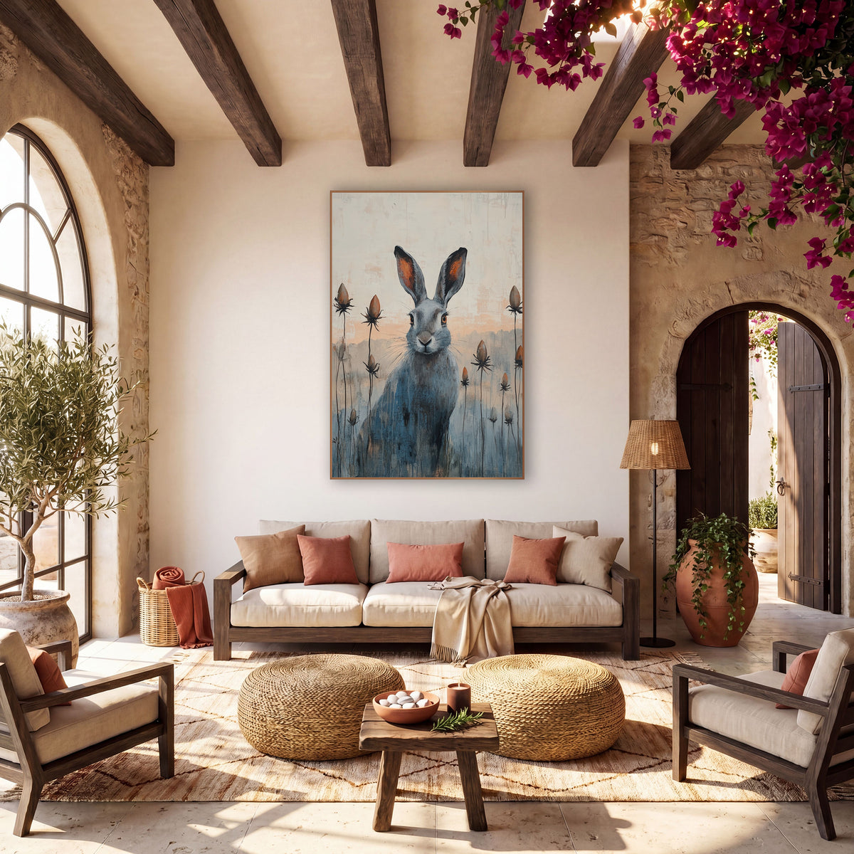 Gray Hare Seed Pod Meadow wall art in a warm boho-style room – gray hare with rust-orange ears sitting among tall
