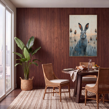 Gray Hare Seed Pod Meadow wall art in a warm boho-style room – gray hare with rust-orange ears sitting among tall