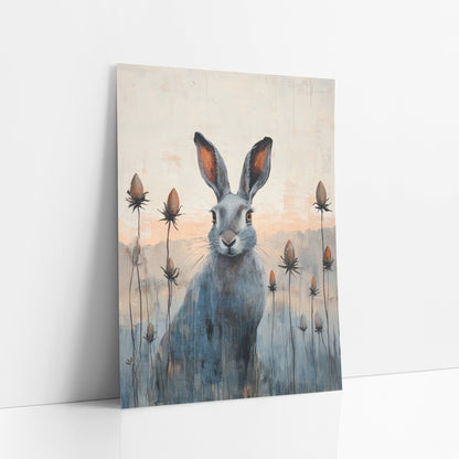 Gray Hare Seed Pod Meadow art print leaning against a white wall – gray hare with rust-orange ears sitting among tall brown