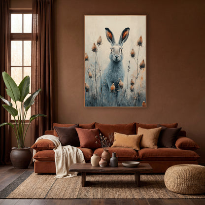 Gray Hare Seedhead Meadow Boho wall art in a warm boho-style room – gray hare with tall ears sitting among slender
