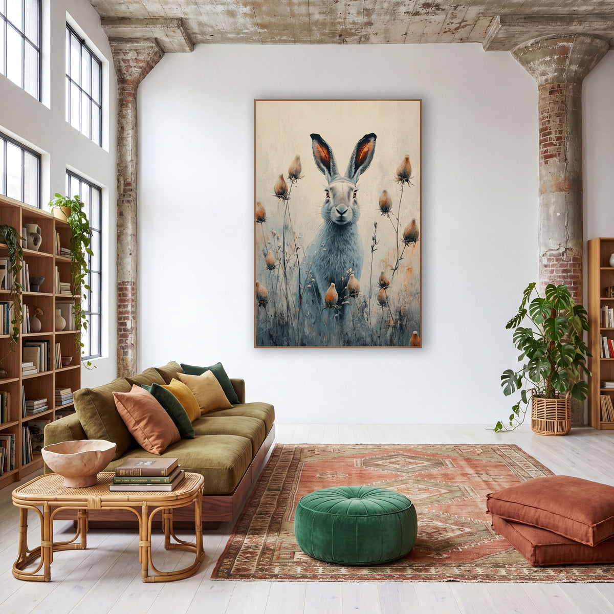 Gray Hare Seedhead Meadow Boho wall art in a warm boho-style room – gray hare with tall ears sitting among slender