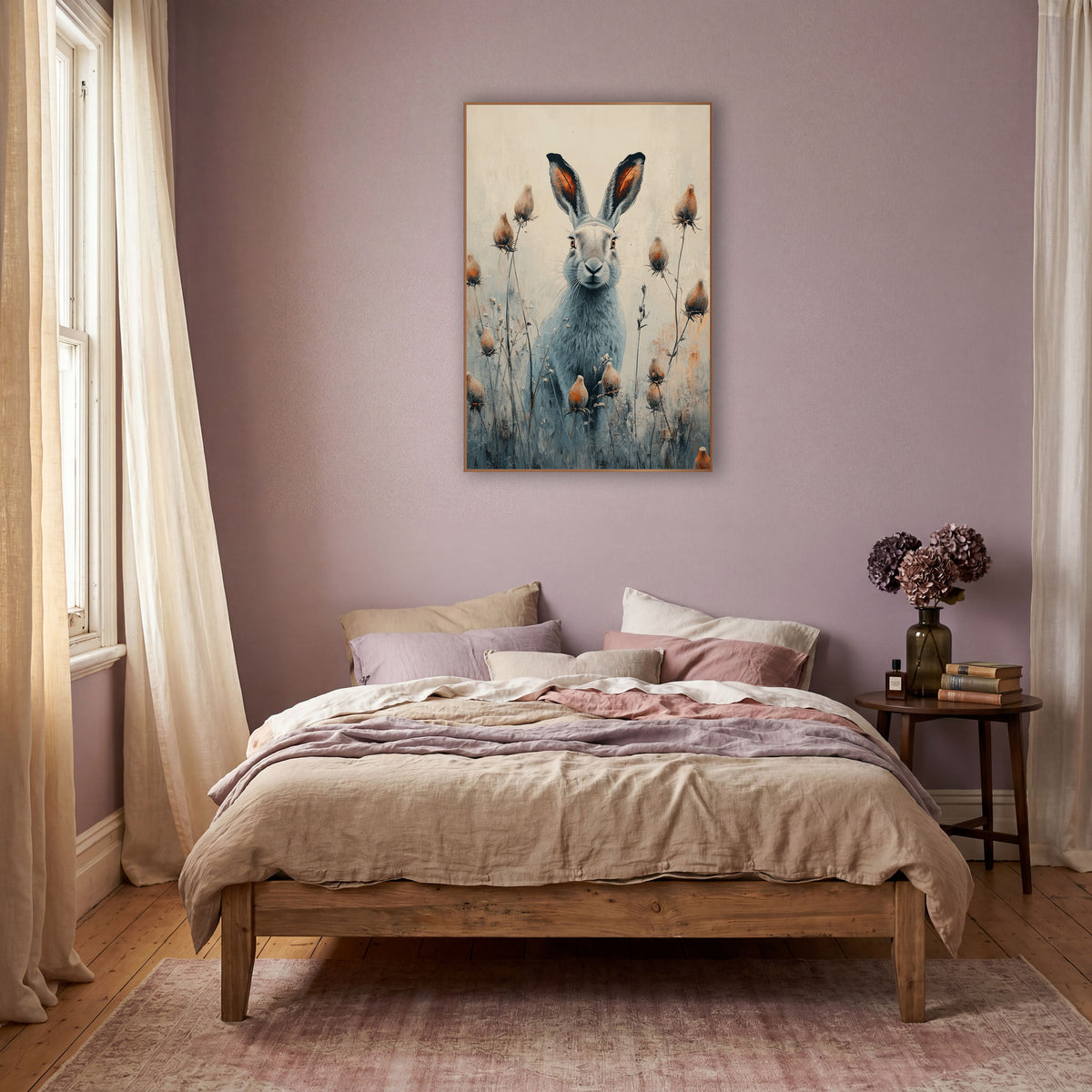Gray Hare Seedhead Meadow Boho wall art in a warm boho-style room – gray hare with tall ears sitting among slender