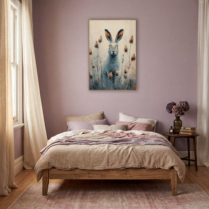 Gray Hare Seedhead Meadow Boho wall art in a warm boho-style room – gray hare with tall ears sitting among slender