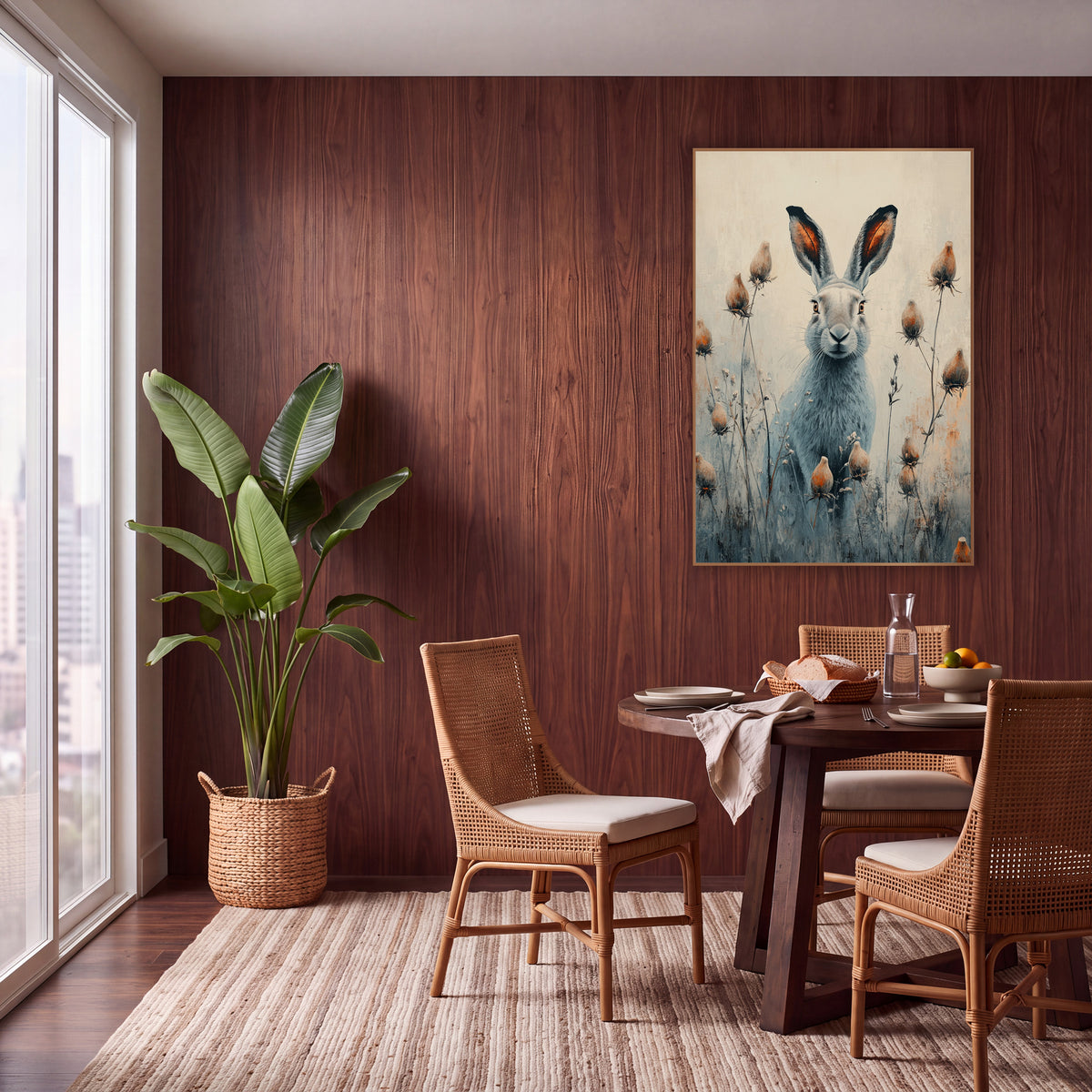 Gray Hare Seedhead Meadow Boho wall art in a warm boho-style room – gray hare with tall ears sitting among slender