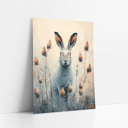 Gray Hare Seedhead Meadow Boho art print leaning against a white wall – gray hare with tall ears sitting among slender stems