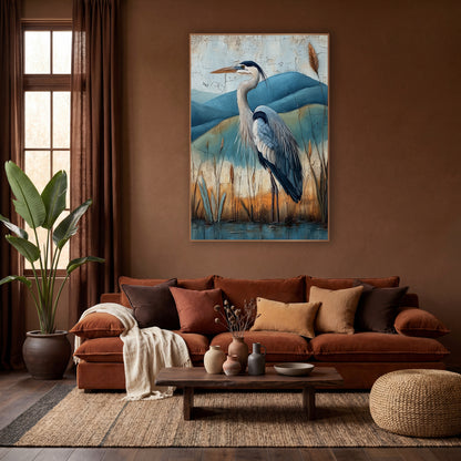 Gray Heron Teal Hills Boho wall art in a warm boho-style room – gray heron in profile among cattails and reeds before