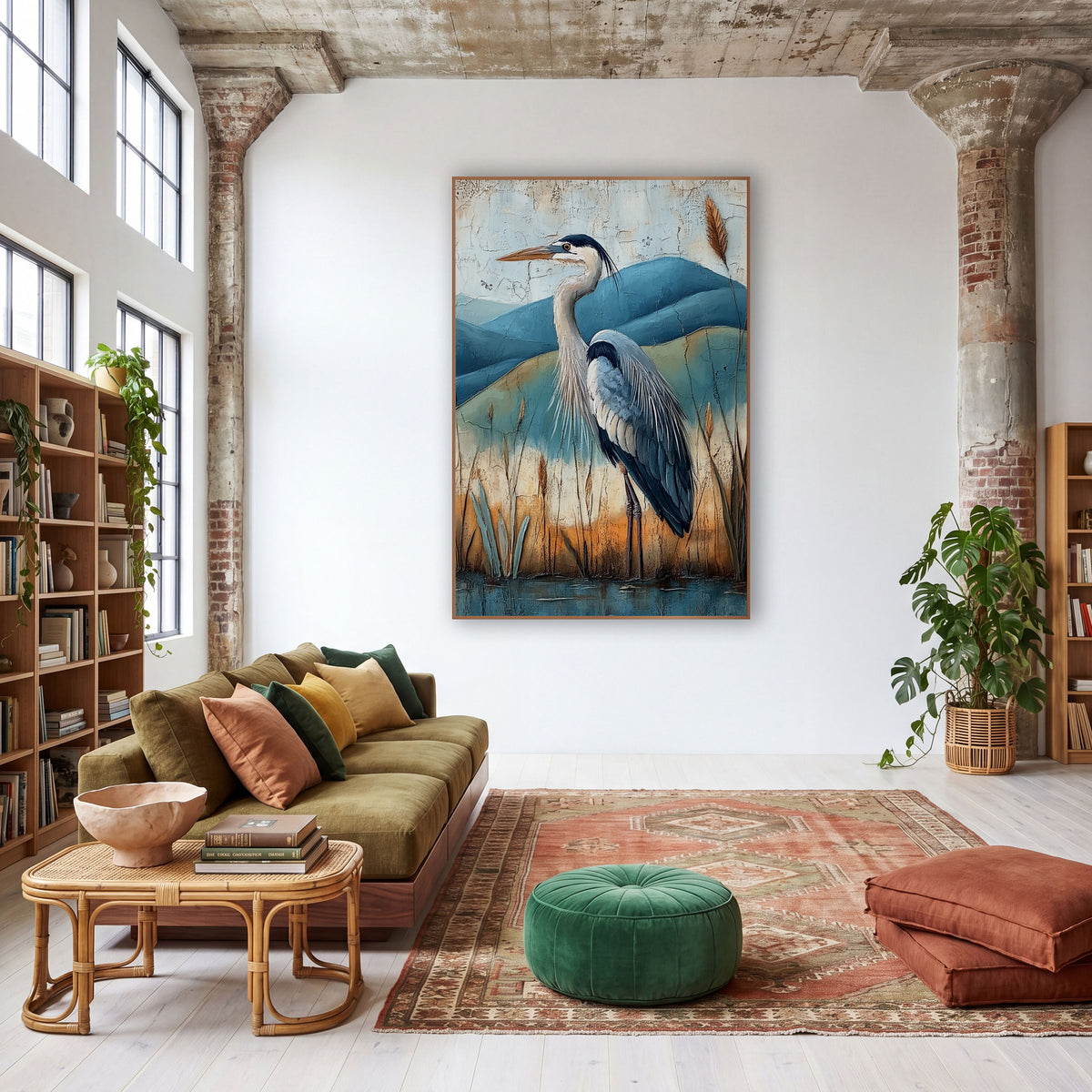 Gray Heron Teal Hills Boho wall art in a warm boho-style room – gray heron in profile among cattails and reeds before