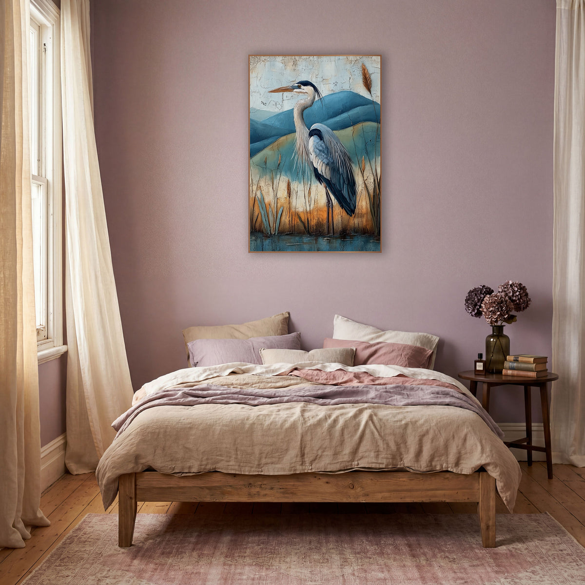 Gray Heron Teal Hills Boho wall art in a warm boho-style room – gray heron in profile among cattails and reeds before