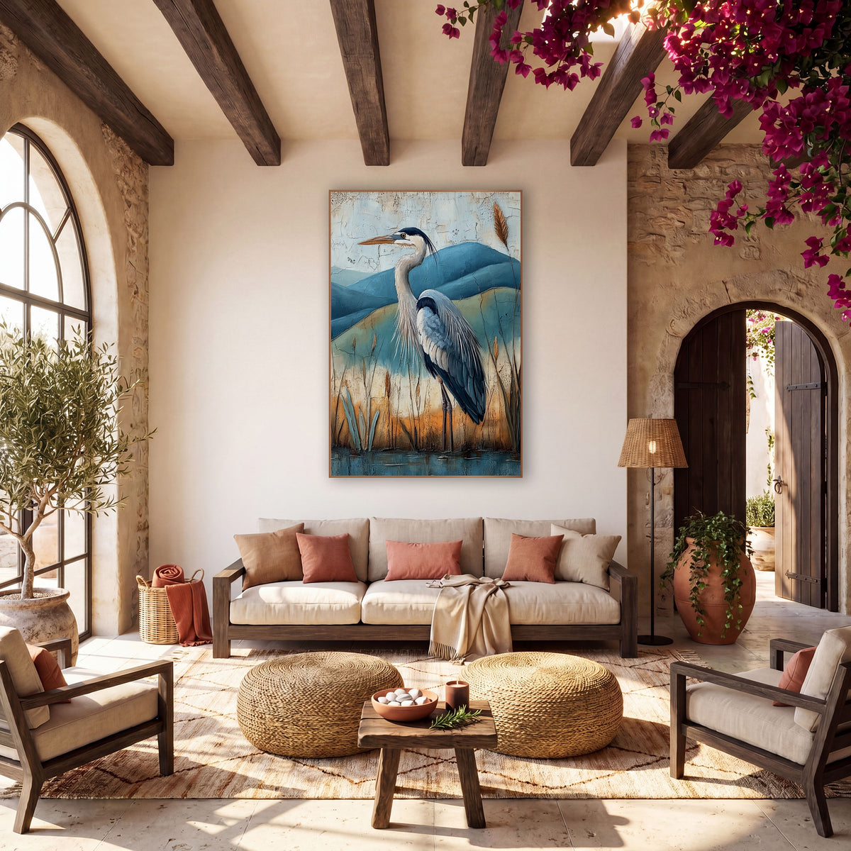 Gray Heron Teal Hills Boho wall art in a warm boho-style room – gray heron in profile among cattails and reeds before