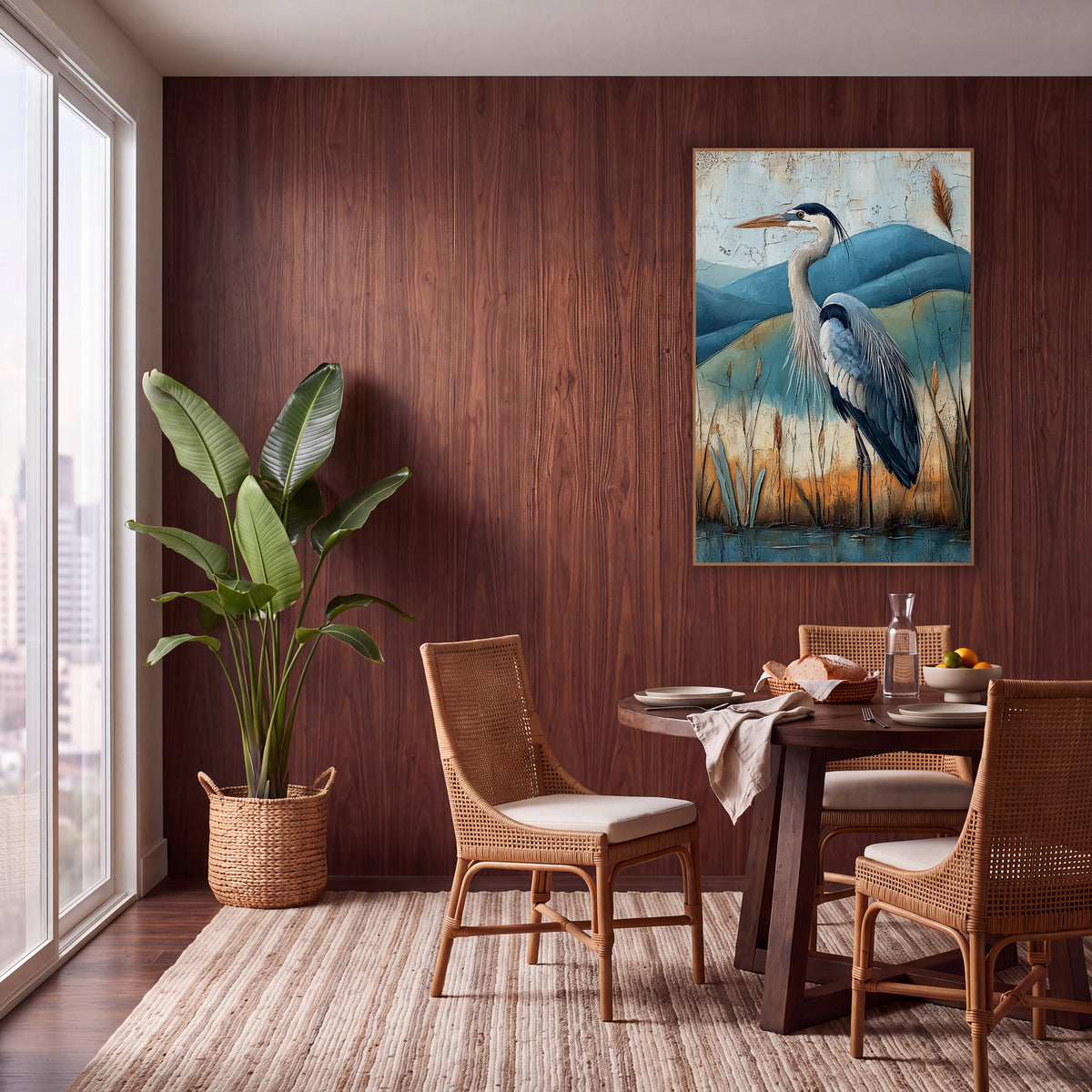 Gray Heron Teal Hills Boho wall art in a warm boho-style room – gray heron in profile among cattails and reeds before